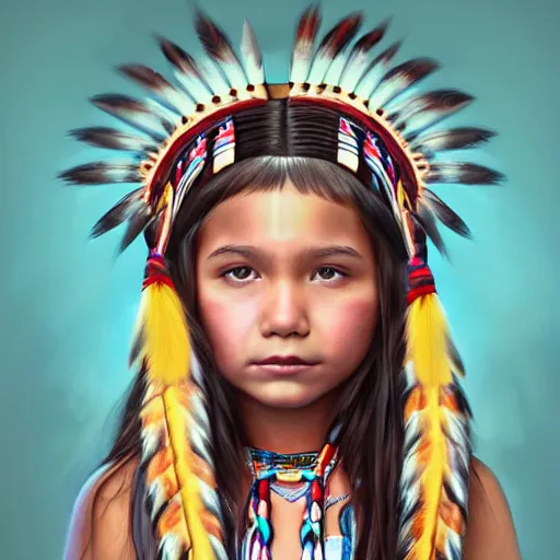 Prompt: portrait of native american 7-year-old girl with head dress in the style of artgerm, wlop, digital art, close-up, insanly detailed