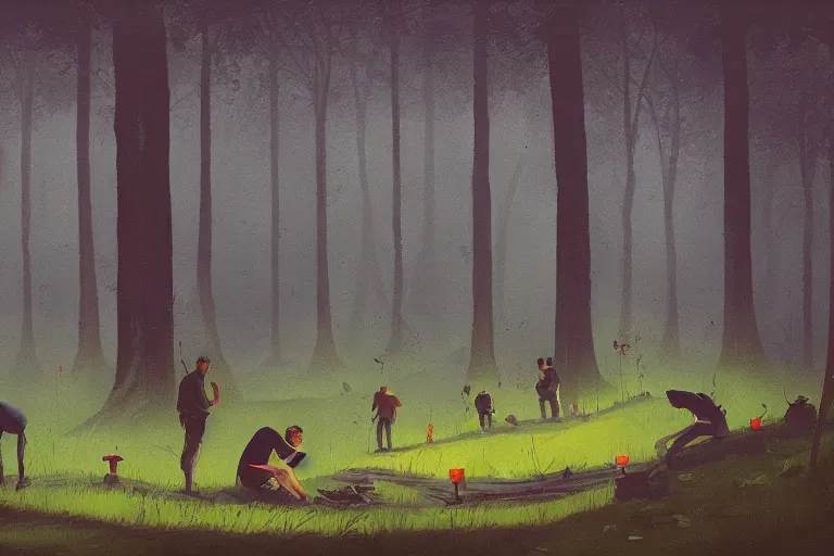 Image similar to mid - thirties guys binge drinking in a forest, in the style of simon stalenhag