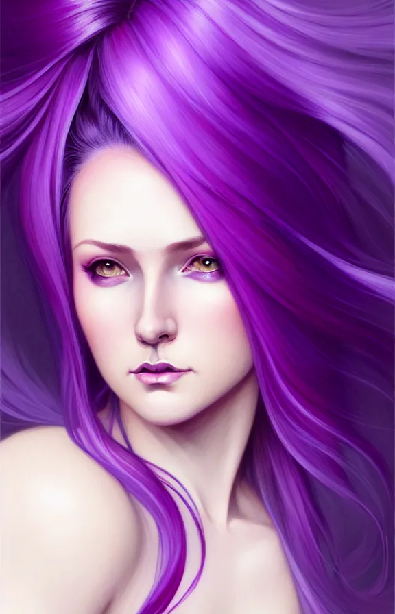 Prompt: Purple hair relistic Portrait of a woman with bright colored flying hair, all shades of purple. Beauty face, Hair coloring, fantasy, intricate, elegant, highly detailed, digital painting, artstation, concept art, smooth, sharp focus, illustration, art by artgerm and greg rutkowski and alphonse mucha