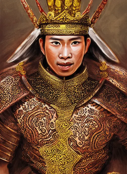 Image similar to king ramkhaheang of sukhothai, close portrait, historical, ethnic group, traditional tai costume, sukhothai headset, leather shoulder armor, fantasy, intricate, with leather armor cross onbare chest, elegant, loin cloth, highly detailed, oill painting, artstation, concept art, matte, sharp focus, illustration, hearthstone, art by earl norem