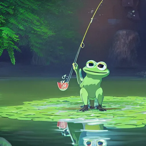 Image similar to a wholesome animation key shot of pepe the frog fishing in a pond, medium shot, studio ghibli, pixar and disney animation, sharp, rendered in unreal engine 5, anime key art by greg rutkowski, bloom, dramatic lighting