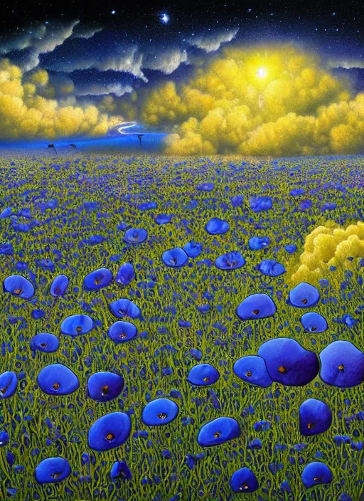 Image similar to detailed, intricate blue black and purple papaverum flower on the field, nebula, galaxy in the sky, winning award masterpiece, fantastically beautiful, illustration, aestheticly inspired, jacek yerka, upscale with anguissola sofonisba work, artstation, 8 k