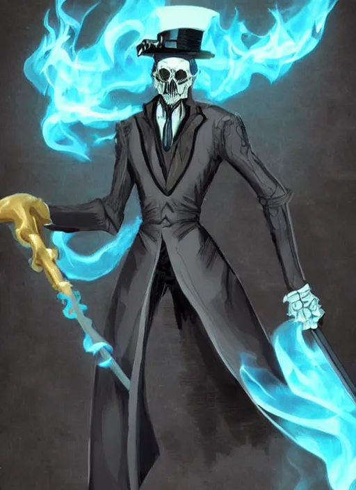 Prompt: DND character concept, skeletal male figure, wearing a deep black suit!!! and tie and top hat, holding a gold! cane!. Surrounded by light blue!!! flames!!