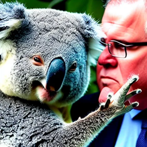 Prompt: scott morrison angry fighting a koala