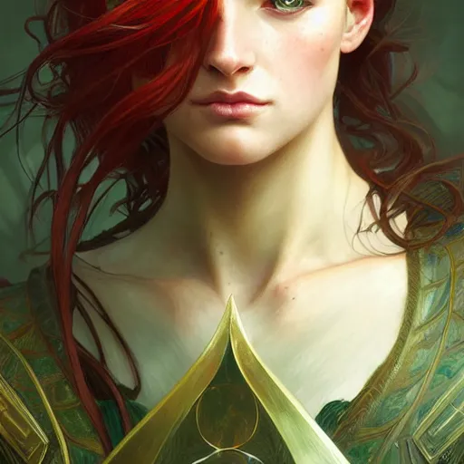 Image similar to Portrait of serious female ranger, D&D, green eyes, face, long red hair, fantasy, intricate, elegant, highly detailed, digital painting, artstation, concept art, smooth, sharp focus, illustration, art by artgerm and greg rutkowski and alphonse mucha