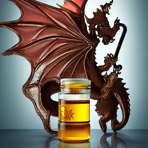 Image similar to a dragon made of honey in an apothecary. the dragon is transparent. you can see light shining through the wings. honey is dripping everywhere. the background is cluttered. sigma 85mm f11, rim light, studio lighting, 8k