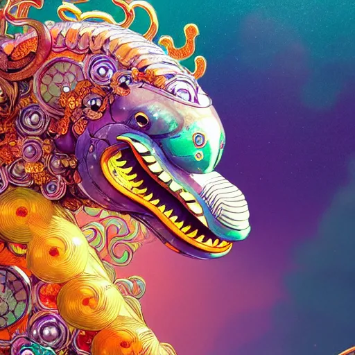 Prompt: a beautiful hyperdetailed character design 4 k wallpaper illustration of a cute dolphin with a chinese lion dance head victo ngai cyberpunk style, from china, style of studio ghibli, makoto shinkai, raphael lacoste, louis comfort tiffany, artgerm, james jean, ross tran, chinese style