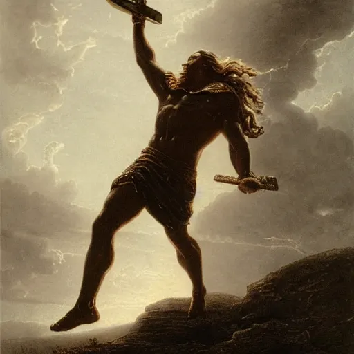 Prompt: a painting of Gustave Doré showing Thor rising the mjolnir, high definition, trending on artstation