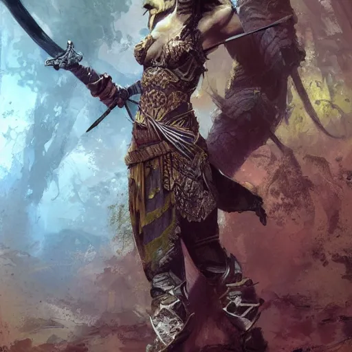 Image similar to a beautiful warrior woman with a legendary sword, detailed, jungle, by craig mullins _ w 7 0 0