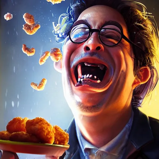 Image similar to a mad scientist in his back yard laughing happily at the chicken nuggets which are falling from the sky , made by Stanley Artgerm Lau, WLOP, Rossdraws, ArtStation, CGSociety, concept art, cgsociety, octane render, trending on artstation, artstationHD, artstationHQ, unreal engine, 4k, 8k,