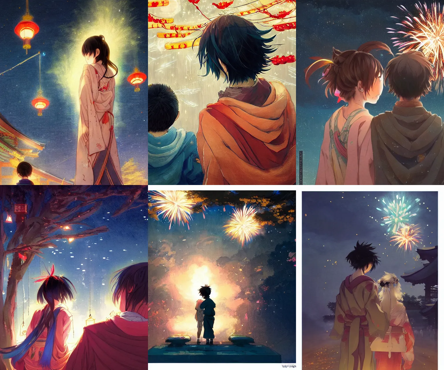 Prompt: beautiful anime painting of a boy and a girl from behind at a shinto shrine looking up at the night sky illuminated by colorful new years fireworks, by WLOP and Greg Rutkowski and rossdraws, trending on artstation, concept art