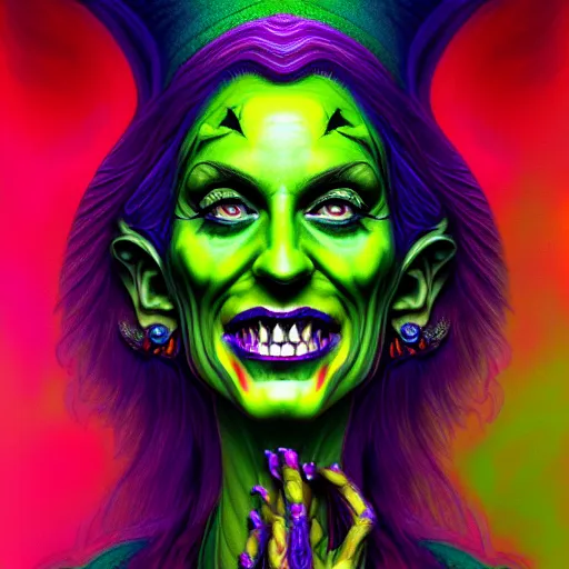 Prompt: An extremely psychedelic portrait of the Wicked Witch, surreal, LSD, face, detailed, intricate, elegant, lithe, highly detailed, digital painting, artstation, concept art, smooth, sharp focus, illustration