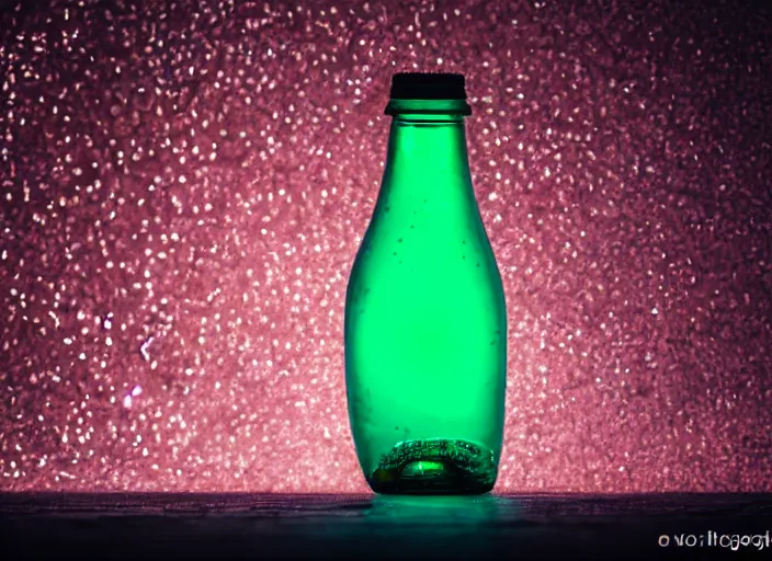 Prompt: dslr food photograph of a bottle of nuka cola with a glass filled with glowing green bubbling liquid beside it, 8 5 mm f 1. 8