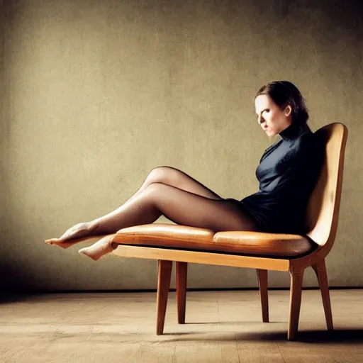 Image similar to beautiful woman sitting on how about midcentury modern wooden chair in the style of mies van der rough high end photoshoot