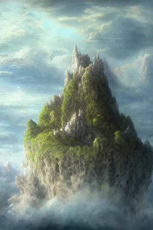 Image similar to a beautiful hyper realistic detailed matte painting of an island floating in the sky, flying castle citadel, vivid color hues, looks like creativity by john howe, greg rutkowski, gustave dore, ferdinand knab, lush sky above a desolate apocalyptic plain, barometric projection, rectilinear, octane render, ellen jewett, beautiful surreal palatial pulsar at dawn