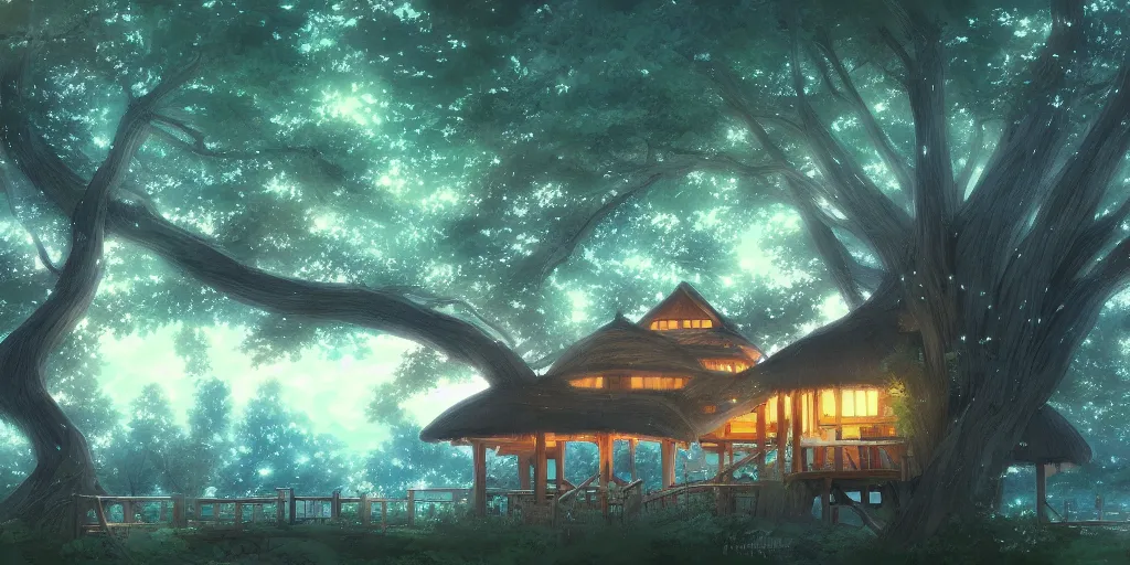 Image similar to beautiful anime painting of a treehouse at nighttime, by makoto shinkai, koto no ha no niwa, artstation, atmospheric.