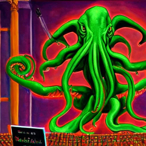 Image similar to cthulhu playing in a casino, realistic painting