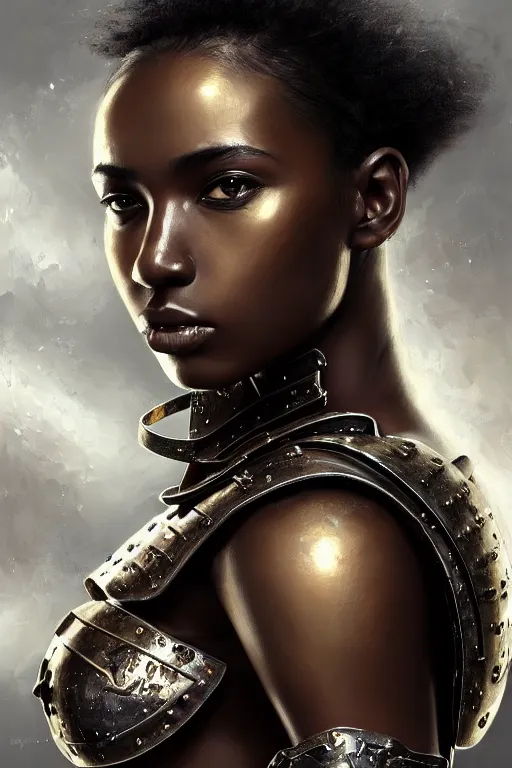 Image similar to a photorealistically painted portrait of an attractive young black girl, partially clothed in metal-plated battle armor, with an abstractly painted background, flawless skin, fair complexion, long dark hair, beautiful bone structure, perfectly symmetric facial features, perfect photorealistic eyes, natural physique, intricate, elegant, digital painting, concept art, finely detailed, beautifully illustrated, sharp focus, minimal artifacts, volumetric lighting, from DOOM and Halo, by Ruan Jia and Mandy Jurgens and Artgerm and William-Adolphe Bouguerea, in the style of Greg Rutkowski, trending on Artstation, award winning art