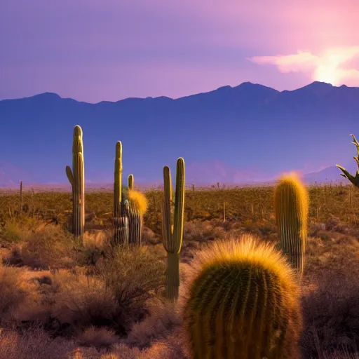 Prompt: photograph of desert landscape with a saguaro cactus in the foreground and lightening striking mountains in the background. 4k, desktop wallpaper