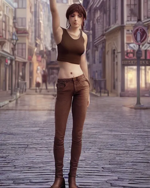 Prompt: hires cycles photoreal render of a brown haired anime girl in a european city wearing a crop top, official art, half body shot, by jeremy lipking, by charlie bowater, by studio ghibli, photorealistic digital art, octane render, anime style