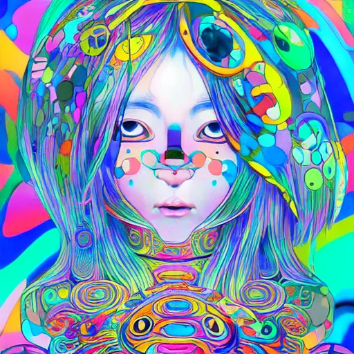 Prompt: a psychedelic portait of a girl by takashi murakami,, beeple and james jean, aya takano color style, 4 k, super detailed, night sky, digital art, digital painting, celestial, majestic, colorful