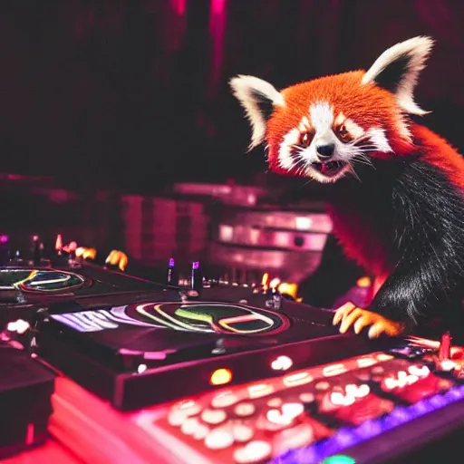 Prompt: photo of a red panda djing at an underground warehouse rave