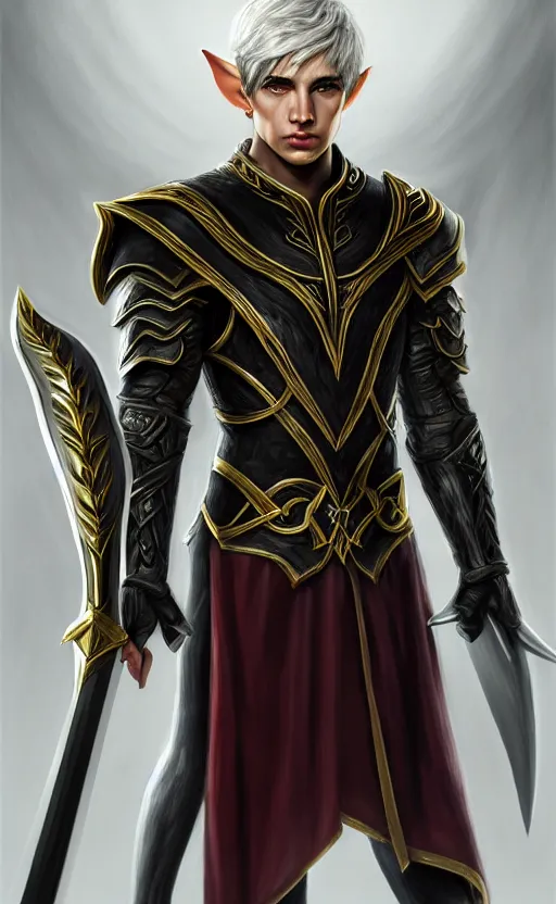 Image similar to A medium shot portrait of a male elf, he is about 20 years old, attractive, lean but muscular, serious composure, short silver hair, prideful look, he is wearing black heavy armor with gold plating and a red cape, highly detailed portrait, digital painting, ArtStation, concept art, smooth, sharp focus illustration, ArtStation HQ