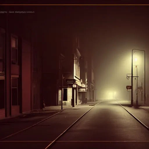 Image similar to A stunningly beautiful award-winning 8K high angle from 3rd floor cinematic movie photograph looking down diagonally across a spooky dark very foggy empty lightless moonlit main street intersection in an abandoned 1950s small town at night. perfect composition, moody low key backlit. Color palette from Seven, greens yellows and reds. 2 point perspective. Octane render