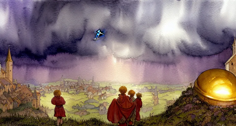 Prompt: a hyperrealist watercolor concept art of an elegant golden ufo in the sky above a small medieval town during a thunderstorm. one dirty medieval peasant child is in the foreground pointing up at the sky. very muted colors, by rebecca guay, michael kaluta, charles vess. high detail, hq, wide shot, 4 k