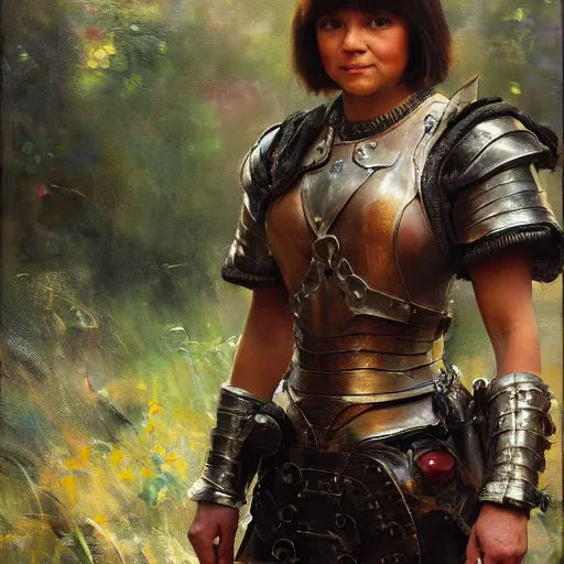 Prompt: close up of dora the explorer wearing leather armor, cinematographic shot, by daniel f. gerhartz