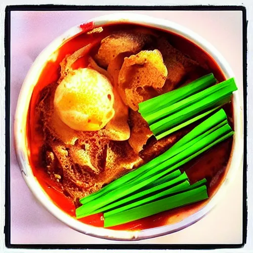 Image similar to “Sichuan hot pot ice-cream topped with green onions and dried chili peppers, award winning photography”