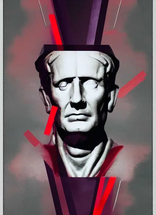 Prompt: design poster showing a statue of julius caesar, black background with very subtle red and purple design elements, powerful, nekro, laszlo moholy - nagy, graphic design, collage art, thin lines, dark, glitch art, neo vaporwave, gritty, layout frame, square, trending on artstation