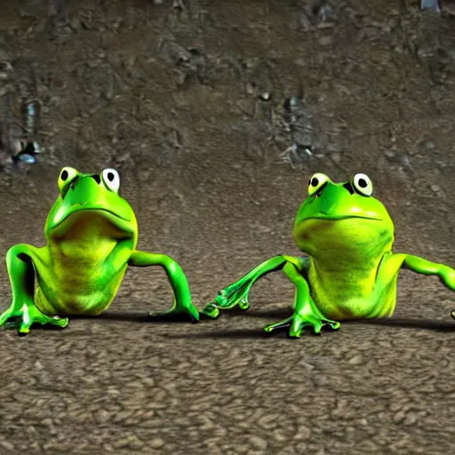 Prompt: concept of angry frogs standing