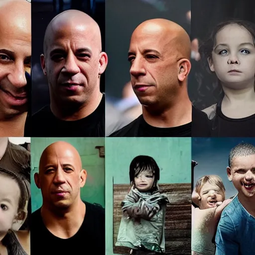 Image similar to closeup photo of vin diesel and his 6 children, sunny day, village house, pastoral, happy, cinematic, art by jan urschel and neil blevins