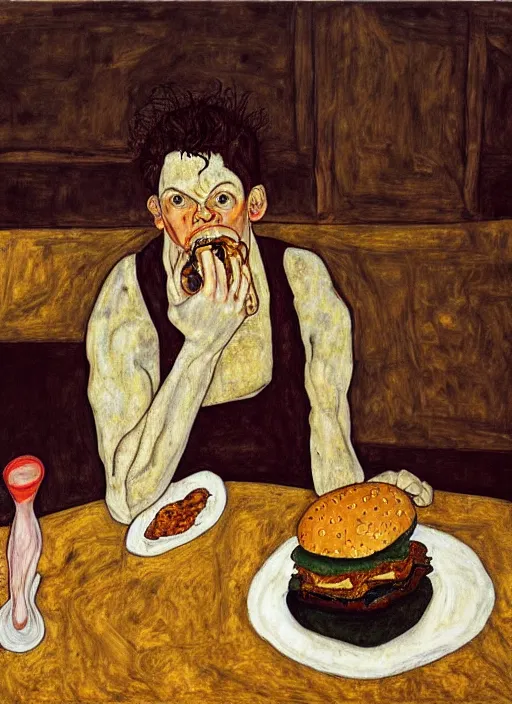 Prompt: young man eating a hamburger in the center of a dark medieval dinning room, surrounded by starving people in front of a giant painting, extremely realistic and highly detailed painting by egon schiele, soft light, gold ratio