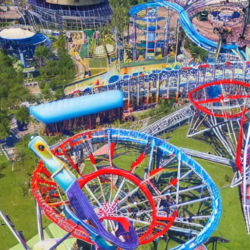 Prompt: bird's eye view of expansive mega amusement park based on sports, rides and rollercoasters themed like basketball football baseball hockey volleyball golf, by Studio Ghibli, cute, vibrant, natural light, high detail, arriety