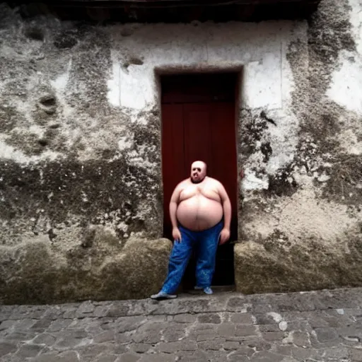 Image similar to a picture of a very hairy fat man in all 4 in antigua guatemala, hyper realistic