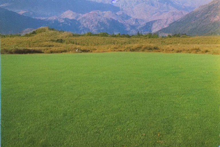 Prompt: film color photography, long view of green lawn with mirror that reflected red, no focus, mountains in distance, 35mm