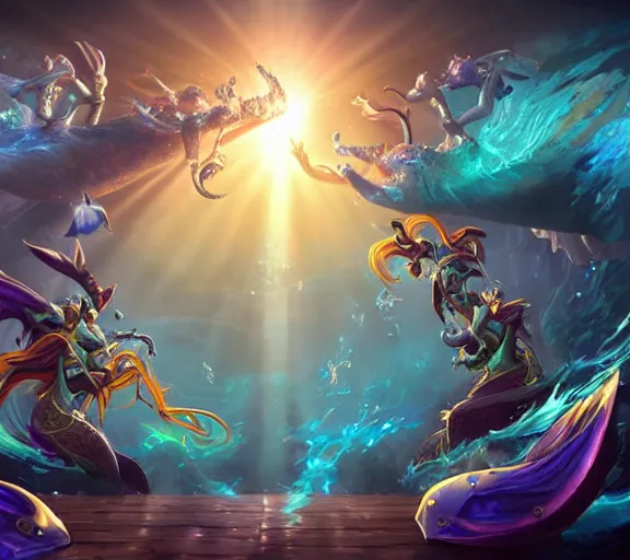 Image similar to two mermaids fistbumping in midair crepuscular rays behind fistbump, whimsical, dungeons and dragons, league of legends splash art, heroes of the storm splash art, hearthstone splash art, world of warcraft splash art, overwatch splash art, art by artgerm, art by alphonse mucha, intricately detailed, highly detailed, trending on artstation,