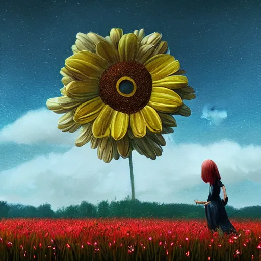 Prompt: giant daisy flower as a head, girl walking in flower field, surreal photography, moon light, dark night, dramatic, impressionist painting, clouds, digital painting, artstation, simon stalenhag