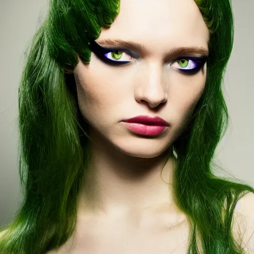 Prompt: A beautiful portrait of Daria Strokous as Poison Ivy from Batman and a model at Maybelline fashion show as a model Spring/Summer 2018, highly detailed, in the style of cinematic, Milan fashion week backstage, Extreme close up, Makeup by Pat McGrath, Hair by Guido Palau, Greg rutkowski