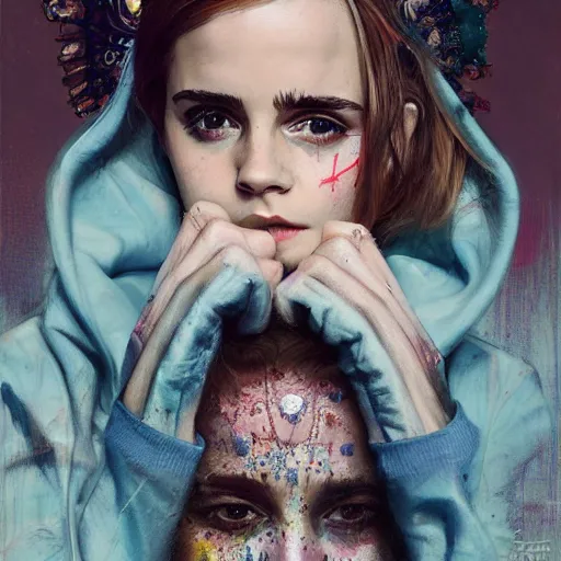 Prompt: full body emma watson wearing crown on head wearing designer hoodie by Sandra Chevrier by Richard Schmid by Jeremy Lipking by moebius by atey ghailan