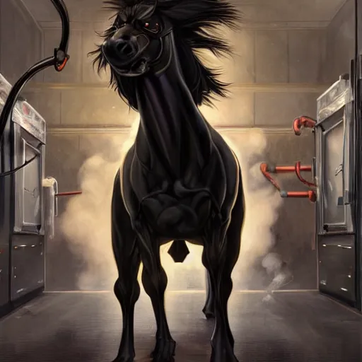 Prompt: splash art of a hyper - muscular black - coated anthropomorphic horse character in a research facility wearing a suit pumping chemicals into their muscles, long hair, exaggerated muscles, highly detailed, furry, furaffinity, digital painting, artstation, sharp focus, illustration, art by artgerm, greg rutkowski, alphonse mucha