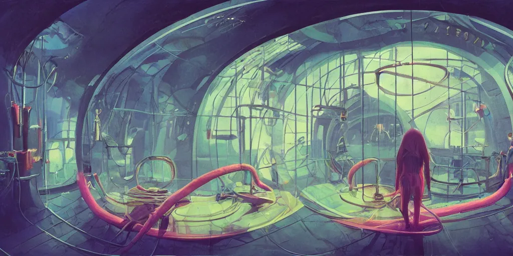 Image similar to undersea laboratory interior with organic circular windows, figures, soft neon lights, bright colors, cinematic, cyberpunk, smooth, chrome, lofi, nebula, calming, dramatic, fantasy, by Moebius, by zdzisław beksiński, fantasy LUT, studio ghibli, high contrast, epic composition, sci-fi, dreamlike, surreal, angelic, 8k, unreal engine, hyper realistic, fantasy concept art, XF IQ4, 150MP, 50mm, F1.4, ISO 200, 1/160s, natural light, Adobe Lightroom, photolab, Affinity Photo, PhotoDirector 365