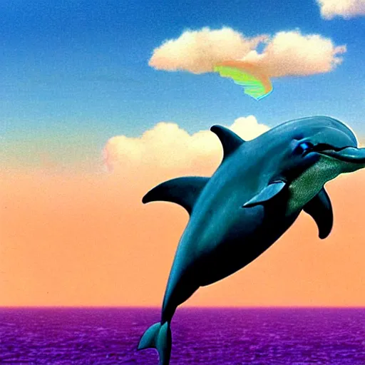 Image similar to a dolphin jumping in the air over the ocean, a hologram by rene magritte, cgsociety, computer art, seapunk, vaporwave, chillwave