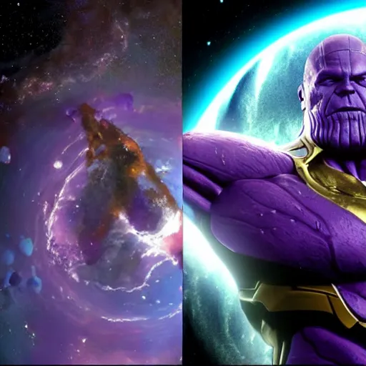 Prompt: thanos fighting in space with all infinite stones