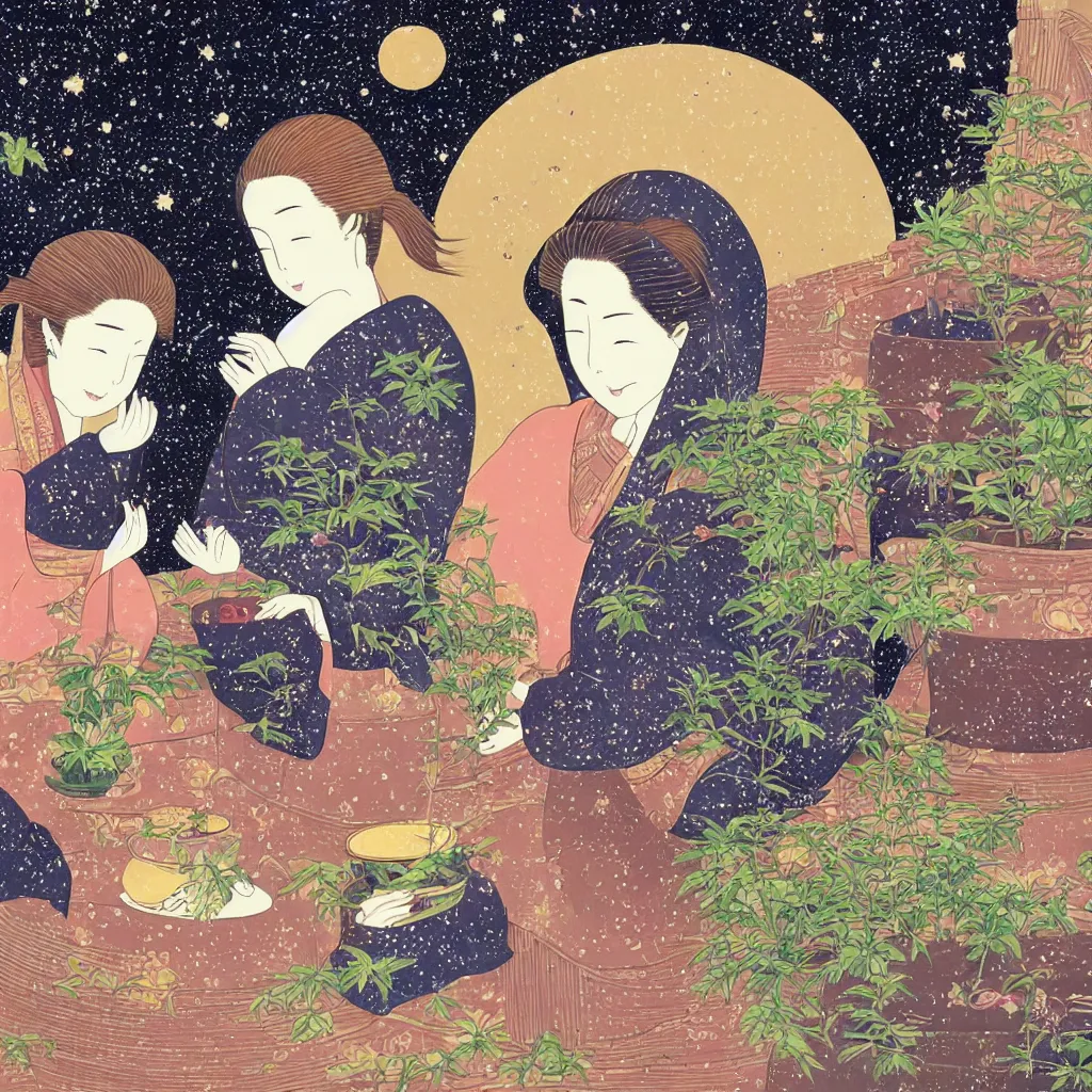 Prompt: Japanese style picture of two sisters reading a book and drinking herbal tea made with celestial fluids in the balcony covered with plant pots which opens up to celestial sky filled with galaxies and planets. A small while do sitting beside them. Scented candles lit around them. Highly detailed. Celestial. Satisfying.