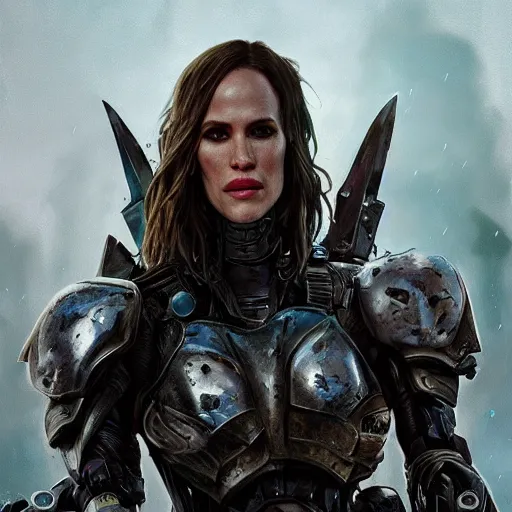 Image similar to jennifer garner portrait, dystopia core, apocalyptic, armor, warrior, dramatic, sharp focus, fiction, neon, fantasy, hyper detailed, digital art, trending in artstation, cinematic lighting, studio quality, smooth render, unreal engine 5 rendered, octane rendered, art style and nixeu and wlop and krenz cushart