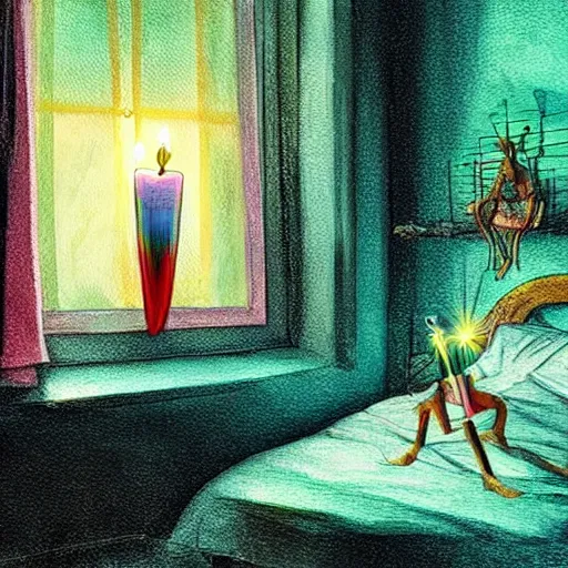 Image similar to a vivid bug with fringes of light and color enters a hostel room and lights a candle, fantasy art