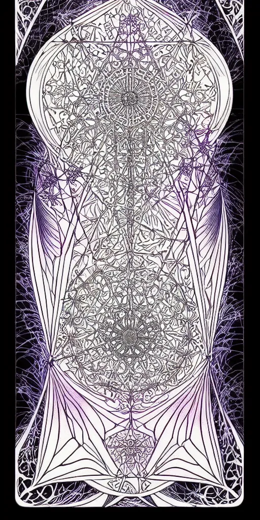 Image similar to a beautiful vaporwave fractal tarot card featuring bold occult imagery with clean lines. haeckel. detailed adult coloring book